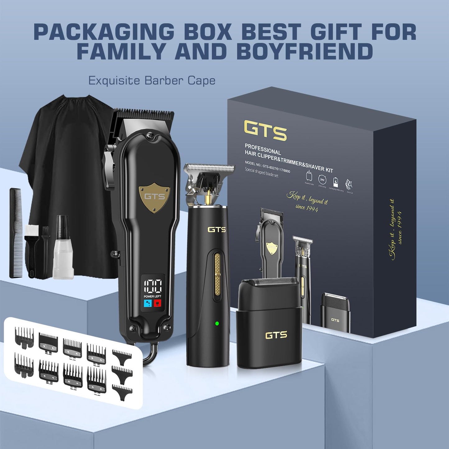 GTS PRO Hair Clippers for Men Professional Cordless Haircut Kit with Beard Trimmer Set, with IPX7 Electric Shavers, LED Display Rechargeable Barber Clippers for Home Use Gifts Black