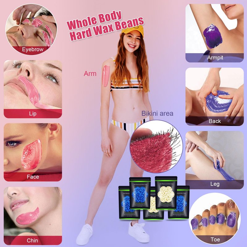Auperwel Wax Beads for Hair Removal 1.1 lb (17.6 oz), Hard Wax Waxing Beads Kit for Sensitive Skin Brazilian, Face, Bikini, Eyebrow, Legs, Painless for Women Men, 5 packs with 10 Sticks