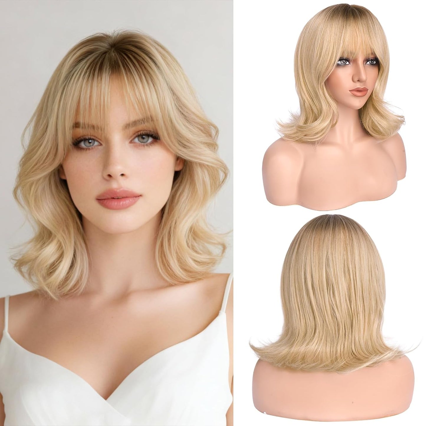 Blonde Short Bob Wig with Bangs - Wavy Layered Synthetic Hair | 14 Inch Dirty Blonde for Women