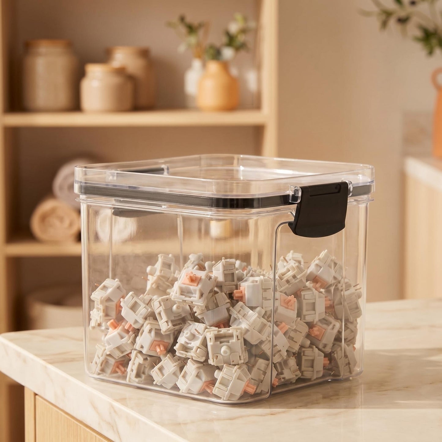 1 Pcs Clear Canisters with Airtight Lids, Square Dry Goods Storage Containers for Pantry, Mechanical Keyboard Switch Storage Box and Keycap Jar, Stackable Kitchen Food Storage Case, 700ml