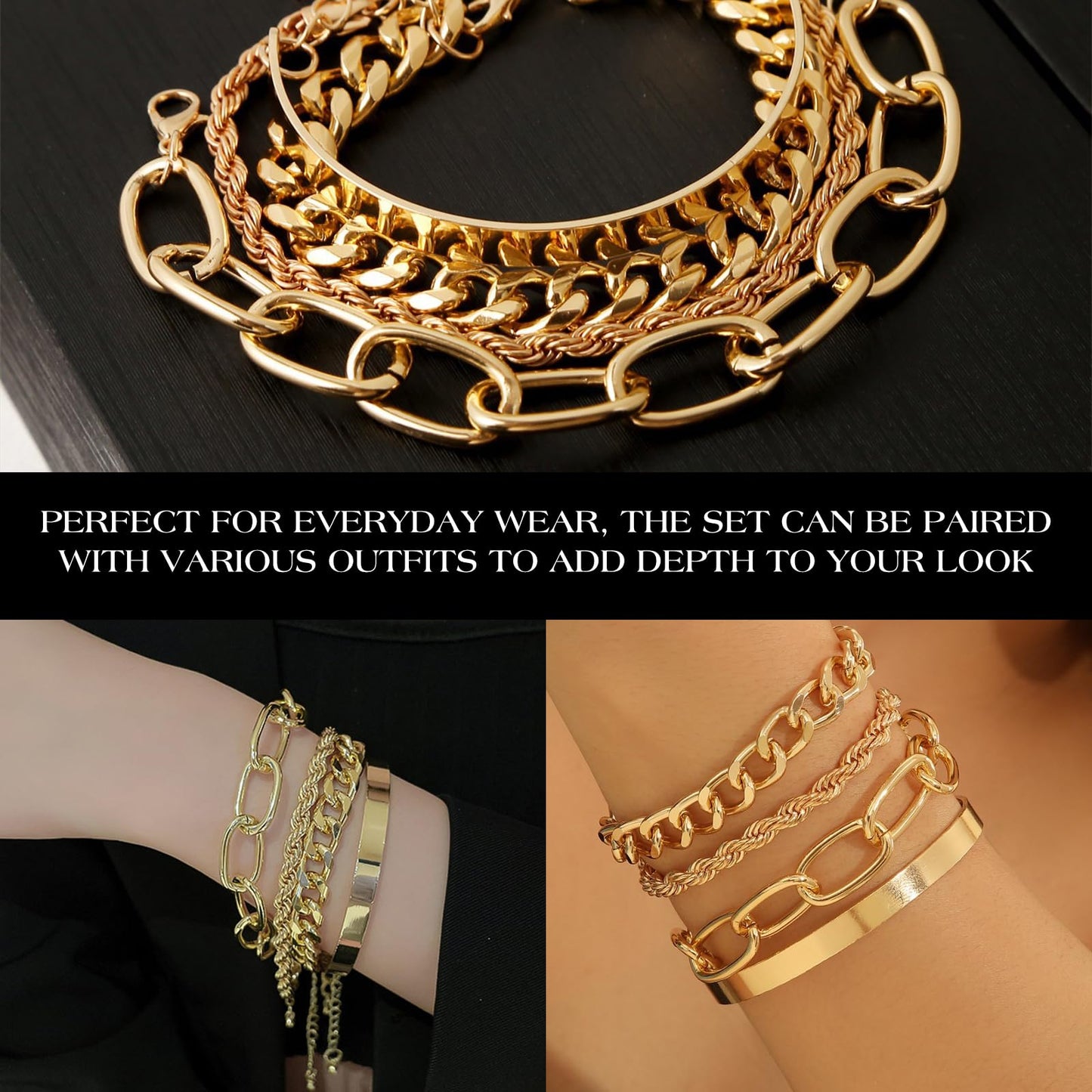 Chain Bracelets Set for Women - 18K Real Gold Plated Link Chain, Trendy Stackable Cuff Bracelets, Adjustable Jewelry Gifts
