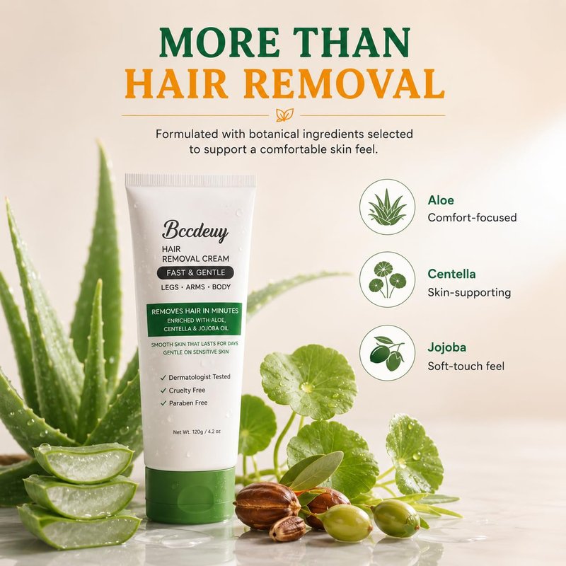 BCCDEUY Hair Removal Cream for Women & Men, Gentle Aloe, Jojoba Oil & Centella Formula for Legs, Arms, Chest, Underarms & Bikini Line, Smooth-Looking Skin, 4.2oz (120g)