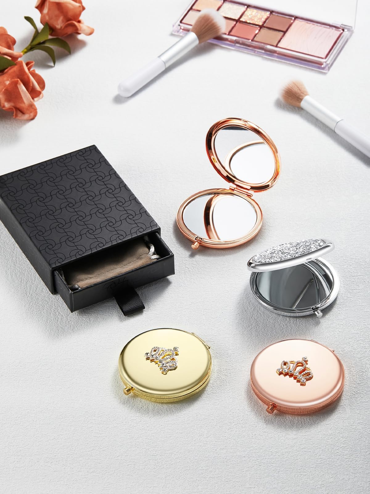 OMIRO 1X/10X Magnifying Compact Mirror, Gift for Women, Small Unique Birthday Gift for Her Girlfriend Wife Mom Best Friend Sister Coworker (Rose Gold, Crown Engraved)