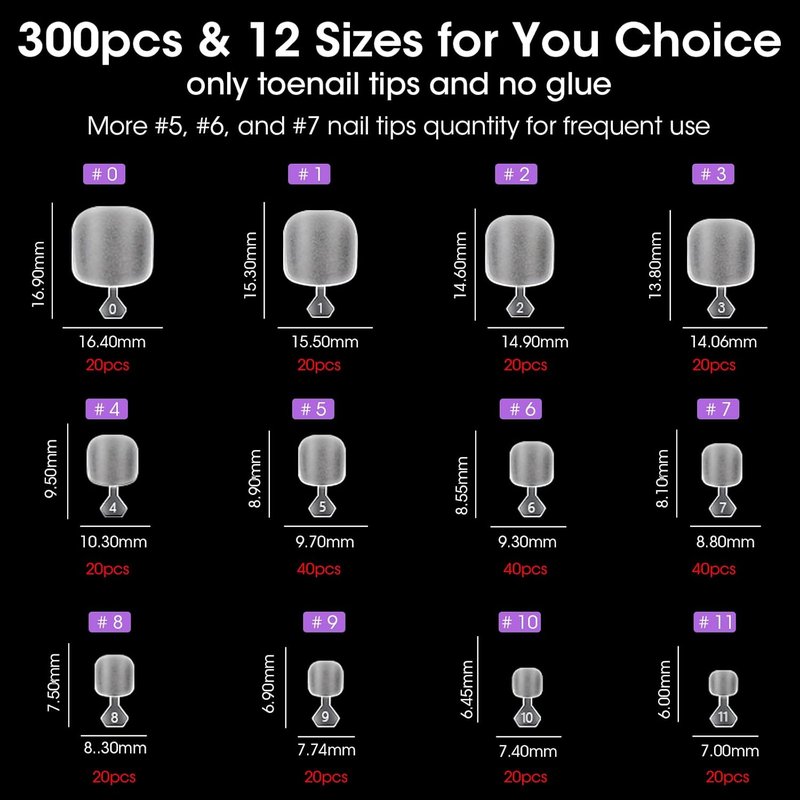 Press On Toenails - 300PCS Short Square Matte Gel Nail Tips | 12 Sizes Clear Extensions for DIY Pedicure