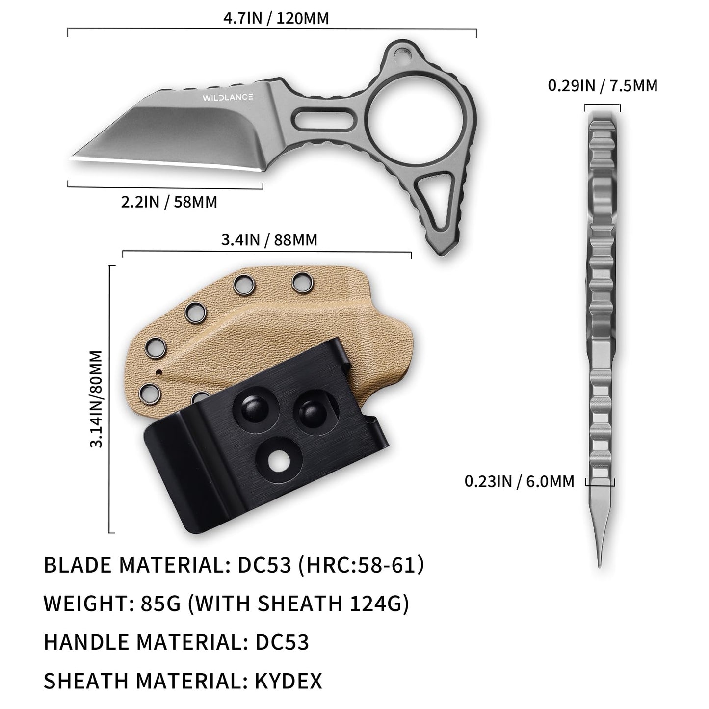 WILDLANCE EDC Fixed Blade Knife with Sheath, Camping Knife Fixed Blade 2.2" DC53 Steel Outdoor Survival Blade Full Tang Hunting Knives for Men Women IB-04, Silver
