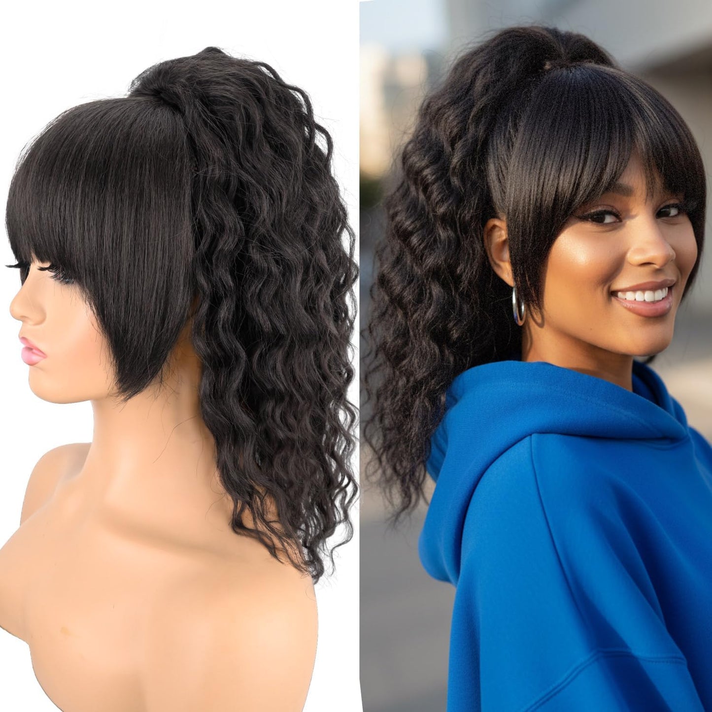Ponytail Extension with Bangs - Yaki Curly 20 Inch Drawstring Hairpiece | Wavy Layered Synthetic Ponytail for Women