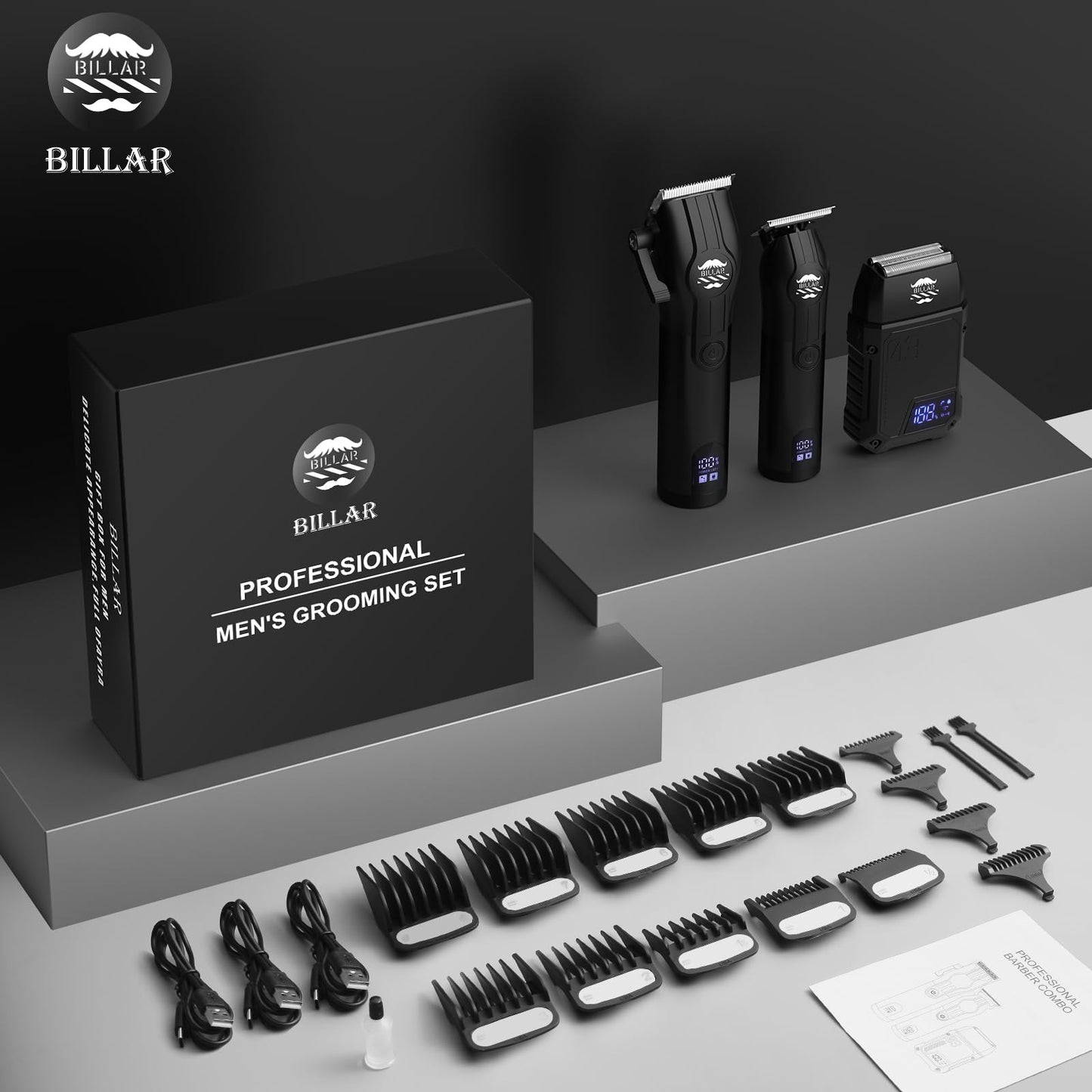BILLAR® Cordless Barber Kit, Professional Hair Clipper Set with Trimmer and Foil Shaver, Rechargeable Haircut Grooming Tools for Men Barbers, Blackk