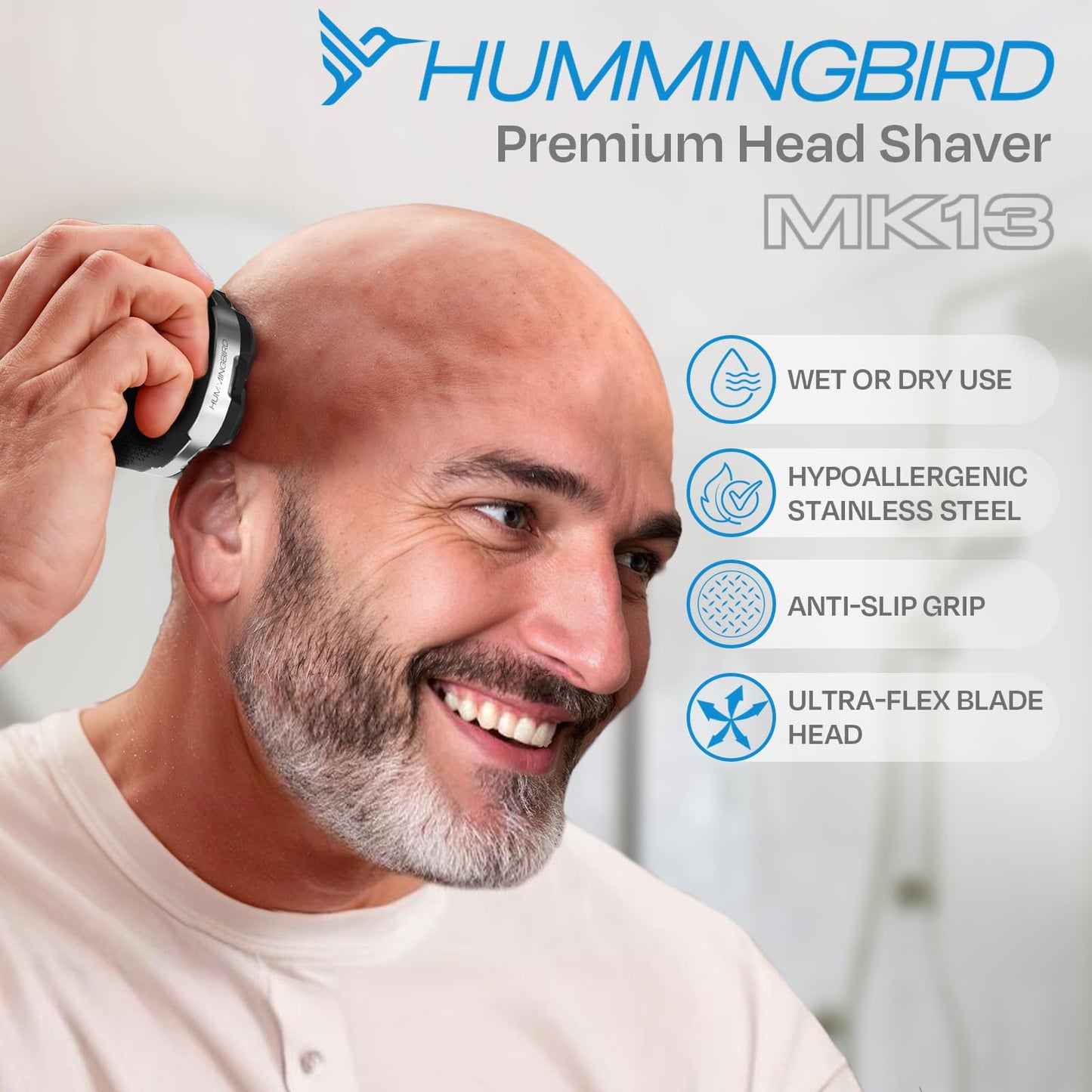 HUMMINGBIRD MK13 Premium Head Shaver, 7 Blade Electric Razors for Men, Cordless USB-C Rechargeable Wet & Dry Electric Head Shavers for Bald Men, Waterproof Skull Shaver, LED Display, Travel Case