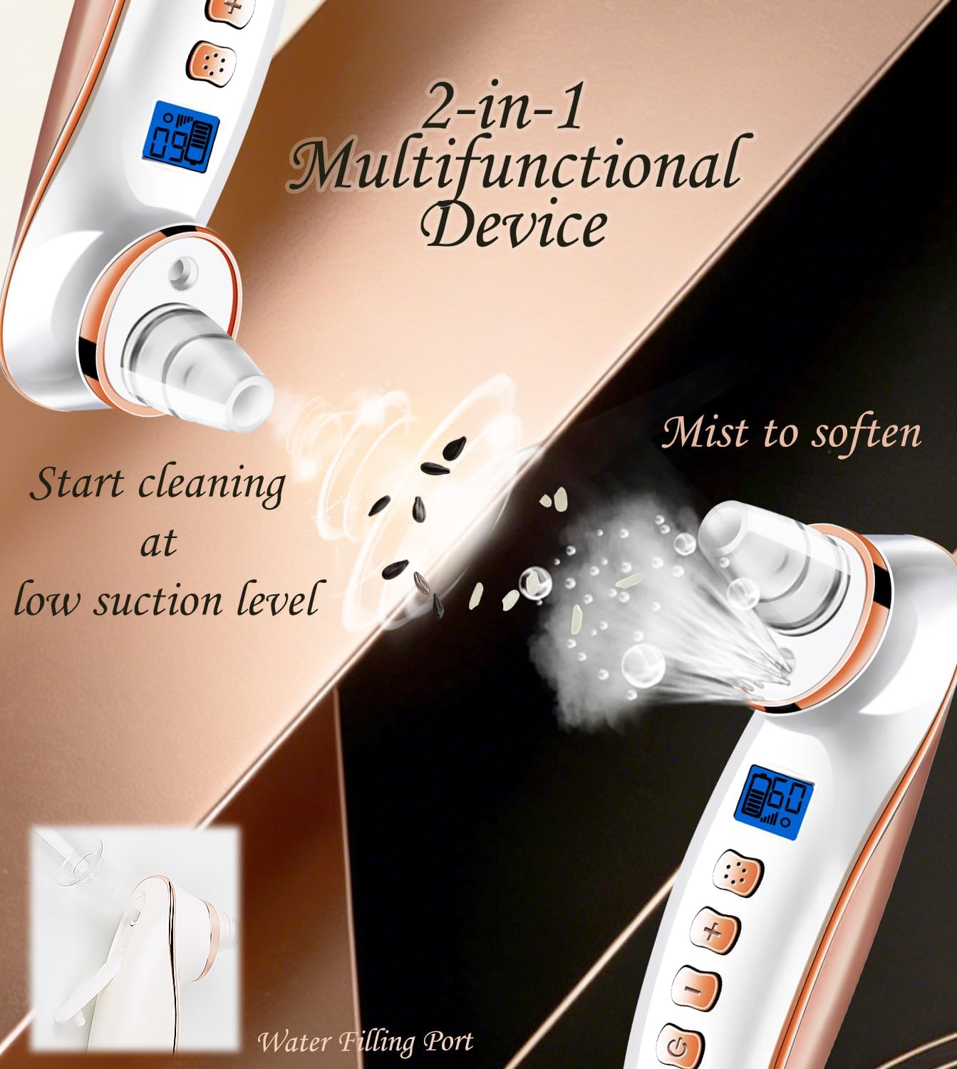Blackhead Remover Vacuum - USB Rechargeable Pore Cleaner Tool with 5 Attachments & 3 Suction Levels | Gold Finish