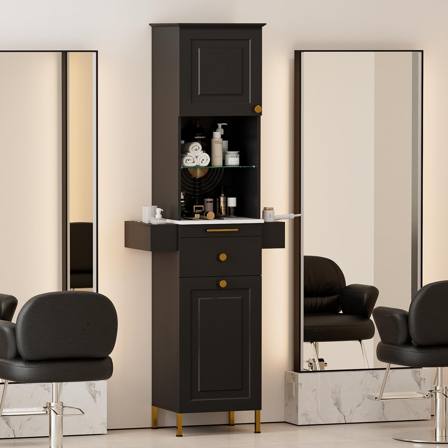Paddie Barber Station Hair Salon Station, Salon Stations for Hair Stylist, Beauty Salon Spa Equipment w/Glass Shelf, 2 Storage Cabinet & Drawers, 6 Hair Dryer Holders for Hair Styling(Black)