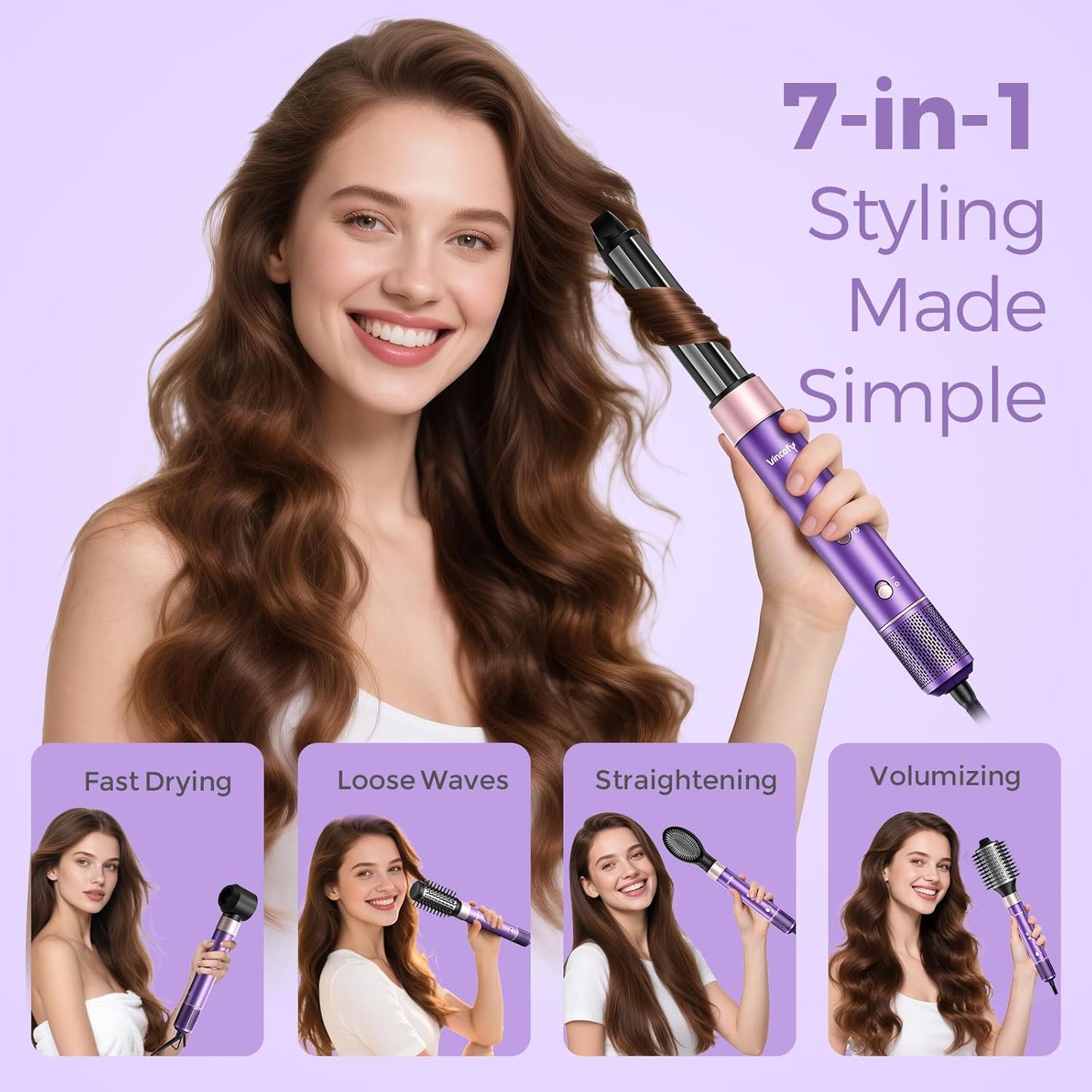 Vincofy 7-In-1 Blow Dryer Brush Set | Ionic Hot Air Styler for Fast Drying, Curling & Straightening - 1500W Power, Purple