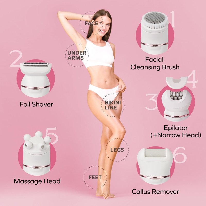 Bella Ciao 10-Piece Rechargeable Epilator Kit for Women, Wet Dry Hair Removal Device with Bikini Trimmer, Facial Brush, Callus Shaver, Foil Shaver, IPX6 Waterproof