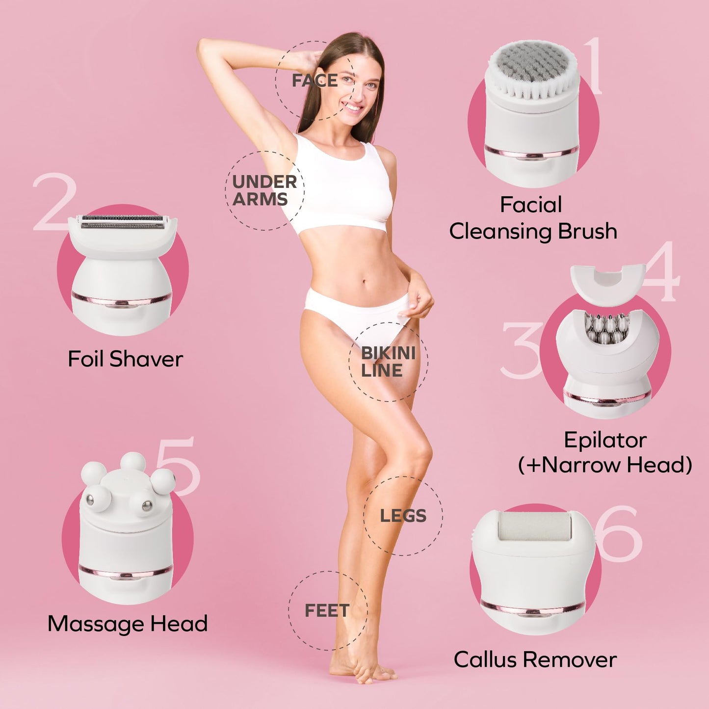 Bella Ciao 10-Piece Rechargeable Epilator Kit for Women, Wet Dry Hair Removal Device with Bikini Trimmer, Facial Brush, Callus Shaver, Foil Shaver, IPX6 Waterproof