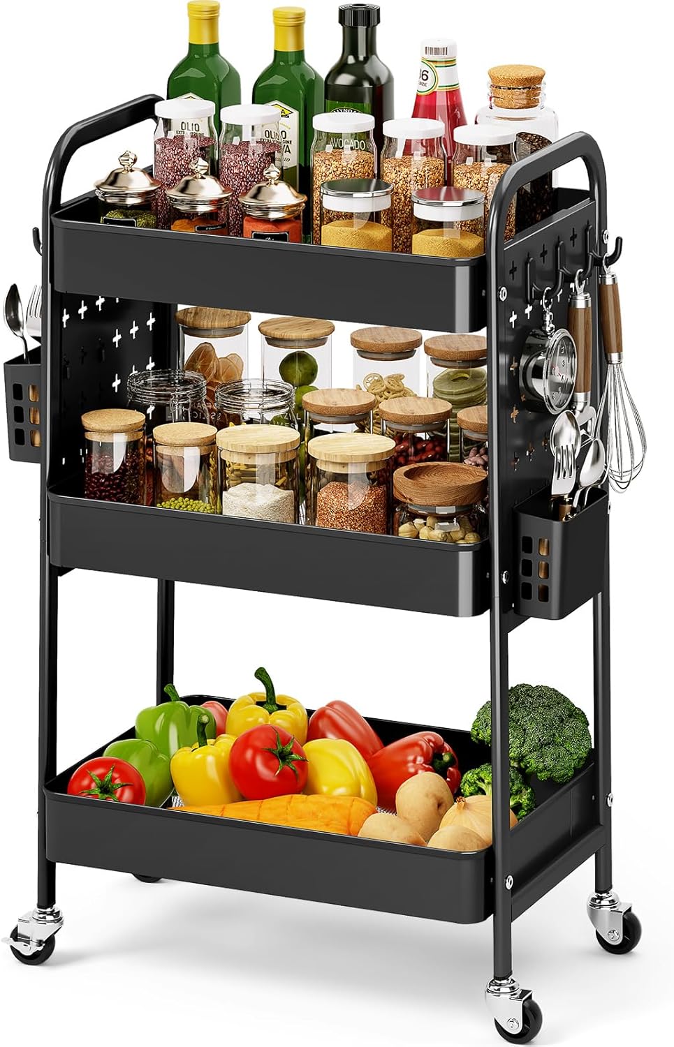 3 Tier Rolling Cart with DIY Pegboard - Metal Utility Cart with Wheels, Hooks & Baskets | Sturdy Storage Organizer for Craft, Bathroom, Kitchen, Office, Nursery, Classroom (Pink)