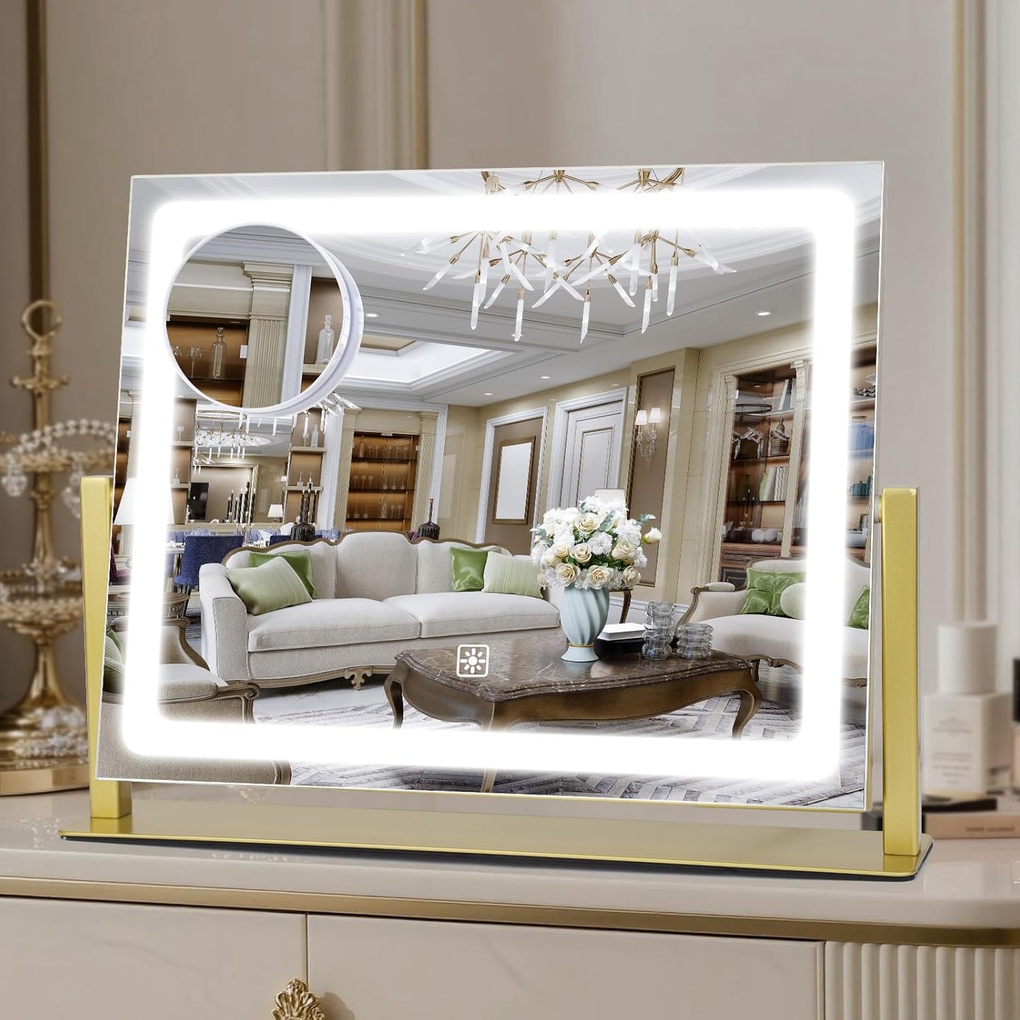 LED Makeup Mirror with Lights - 15" x 12.2" Dimmable Vanity Mirror with Smart Touch & 3-Color Lighting | 360° Rotation, White