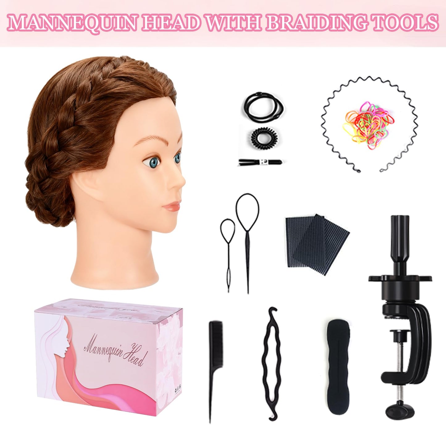Beauty Star Mannequin Head with 100% Real Human Hair -18inch Doll Styling Head for Braiding Practice & Cosmetology Training, Updos, Manikin Head Includes Clamp Stand(Dark Brown Hair and Blue Eyes)