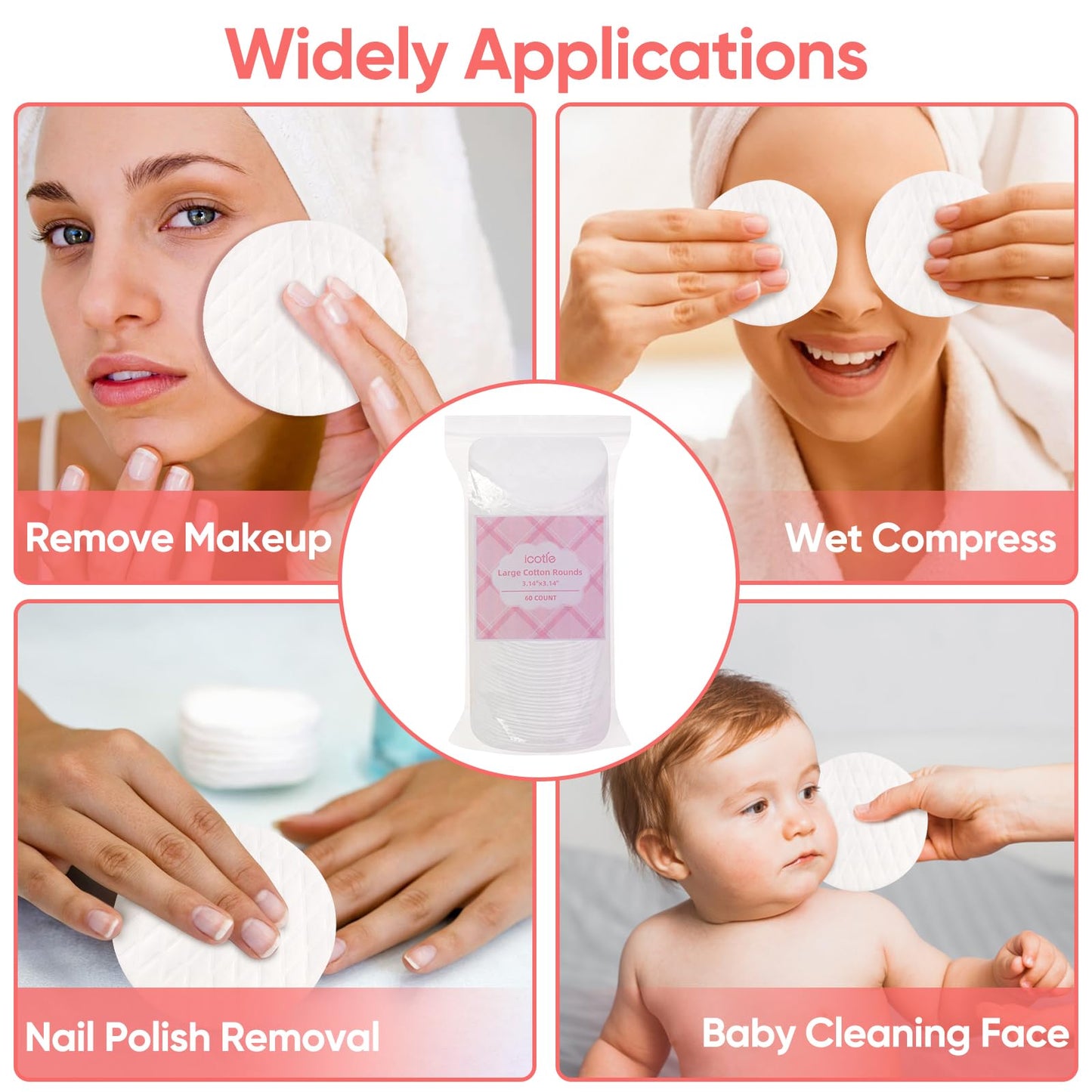 ICOTLE Extra Large Cotton Rounds, Diameter 3.14", 100% Pure Cotton Pads, Soft and Lint-Free, for Removing Makeup, Nail Polish, and Cleansing Face, 120 Count
