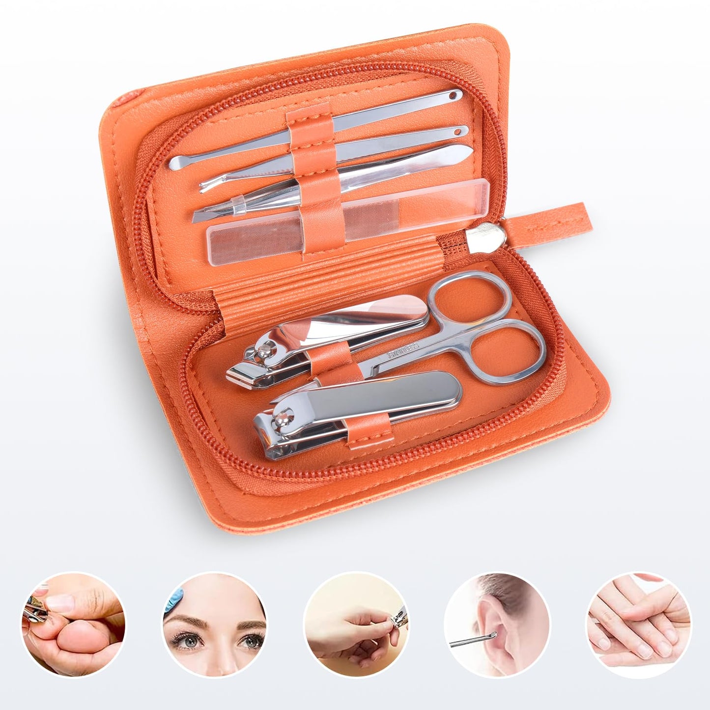 Manicure Set 7 in 1 Stainless Steel, Nail Clippers Scissors Pedicure Tools Kit, Portable Travel Grooming Kit for Men and Women with Leather Case