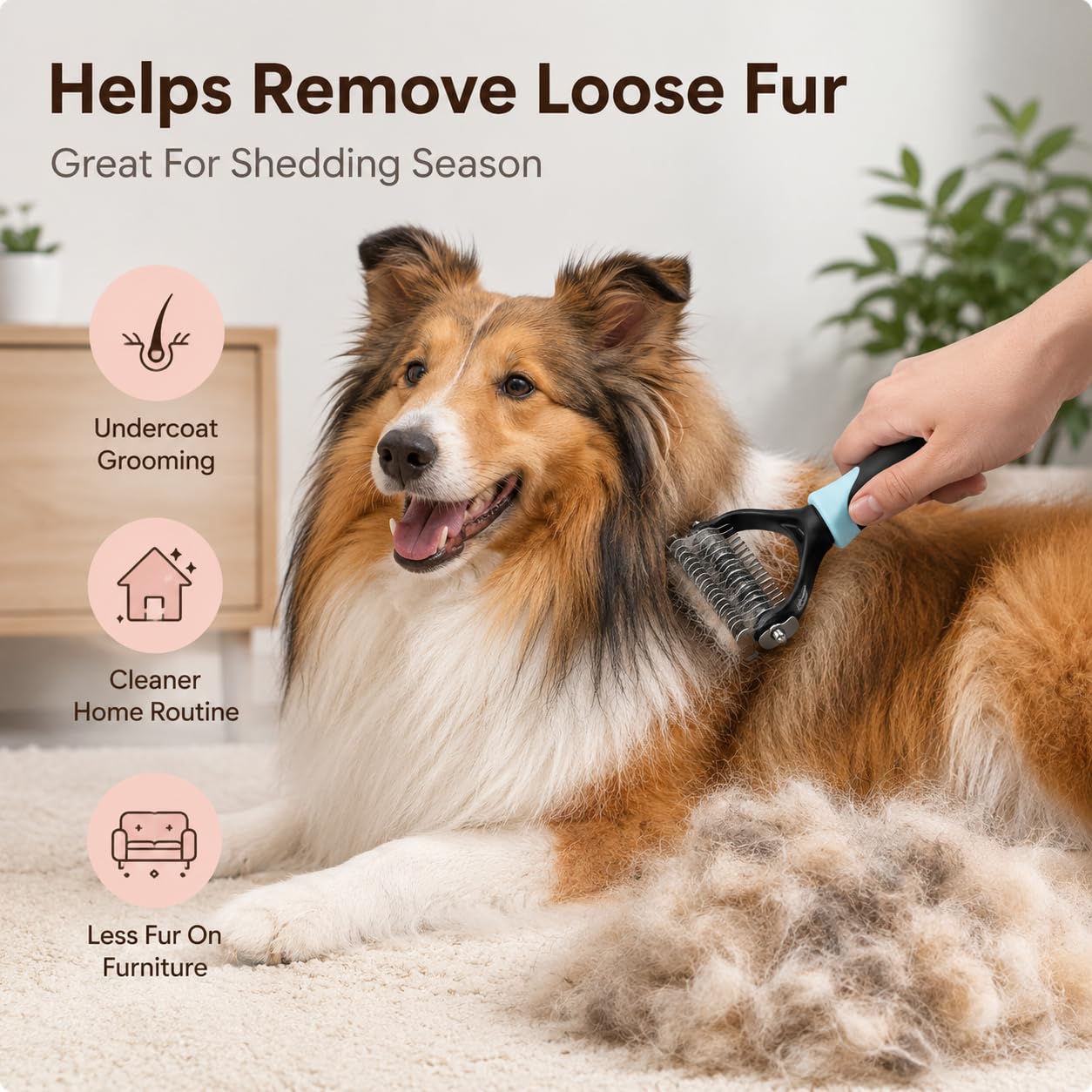 Dematting Comb for Dogs Cats, Pet Undercoat Rake Brush Stainless Steel Teeth Grooming Tool for Long Hair Thick Coat Tangles Knots Loose Fur (1, Pink*15 tooth)