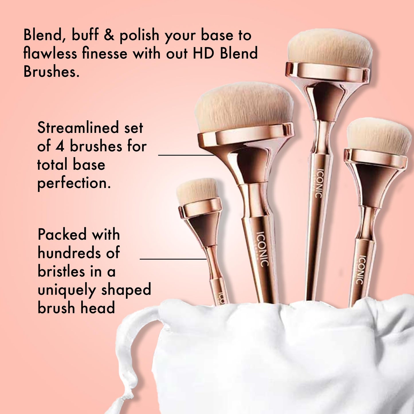 ICONIC LONDON HD Blend Brush Set | Luxury Synthetic Makeup Brushes for a Flawless Base and Finish | Buff, Blend, and Polish, Vegan (4 piece)