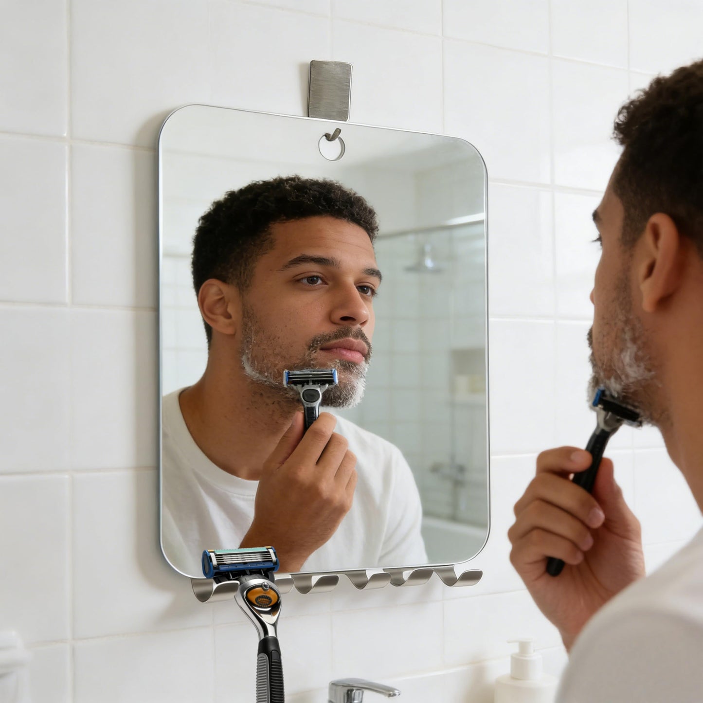 Yuibthr Large Fogless Shower Mirror for Shaving with 3 Razor Holders, Anti-Fog Hanging Wall Mirror for Men Women, Essential Fog Free Bathroom Shower Accessories with Adhesive Hook (10”L x 8”W)