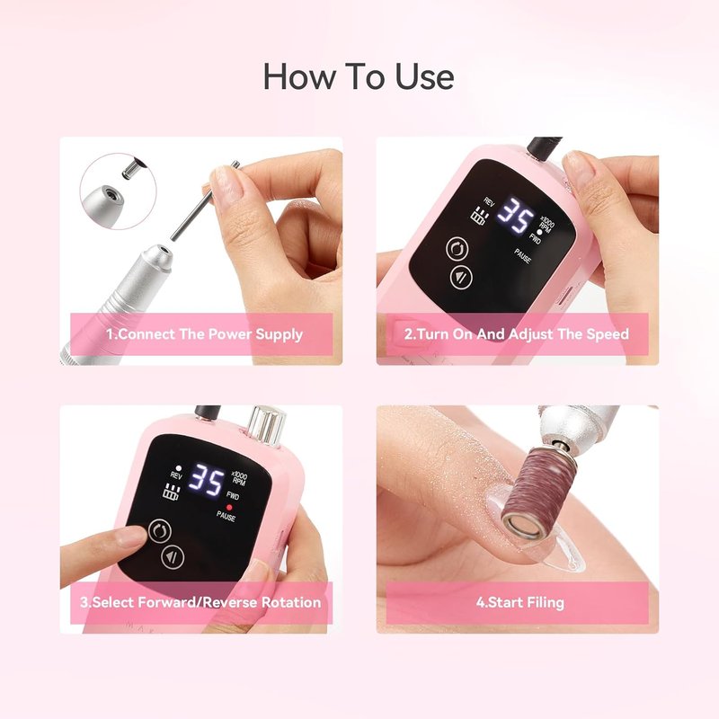 Rechargeable Electric Nail Drill - 35000 RPM Cordless Efile with LED Display & Storage Stand | Pink Manicure Kit for Beginners