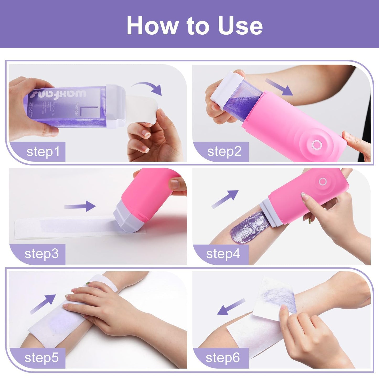 Waxfans Roll On Wax Refill,Wax Roller Refill for Hair Removal.100% Natural Wax Cartridge Refill,Quick Melting - For Coarse and Fine Hairs.with 3.53 Ounce(Pack of 4) Lavender Wax Rollers, 50 Wax Strips