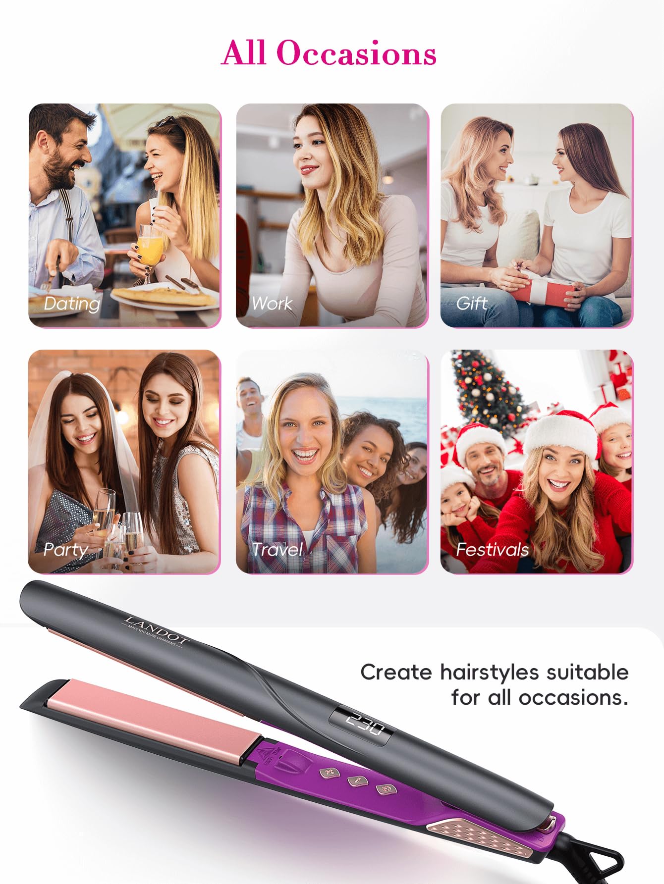 LANDOT Flat Iron Hair Straightener 1 inch - Ceramic Ionic Straightening Iron for Frizz-Free Shine Hair - Adjustable Temp 250-450F for All Hair Types, Auto Shut Off + Travel Pouch