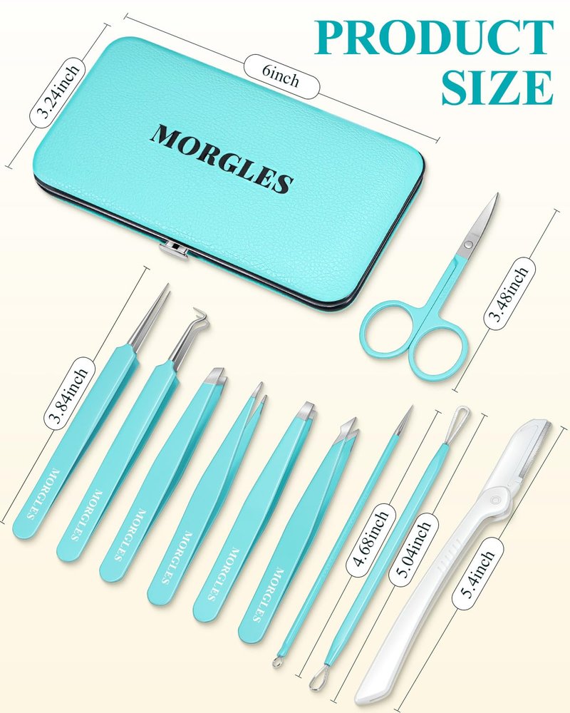 MORGLES Tweezers for Women Facial Hair, 10 in 1 Pimple Popper Tool Kit with Tweezers, Eyebrow Tweezers Kit with Eyebrow Trimmer & Scissors, Razor, Travel Bag, Grooming Beauty Set