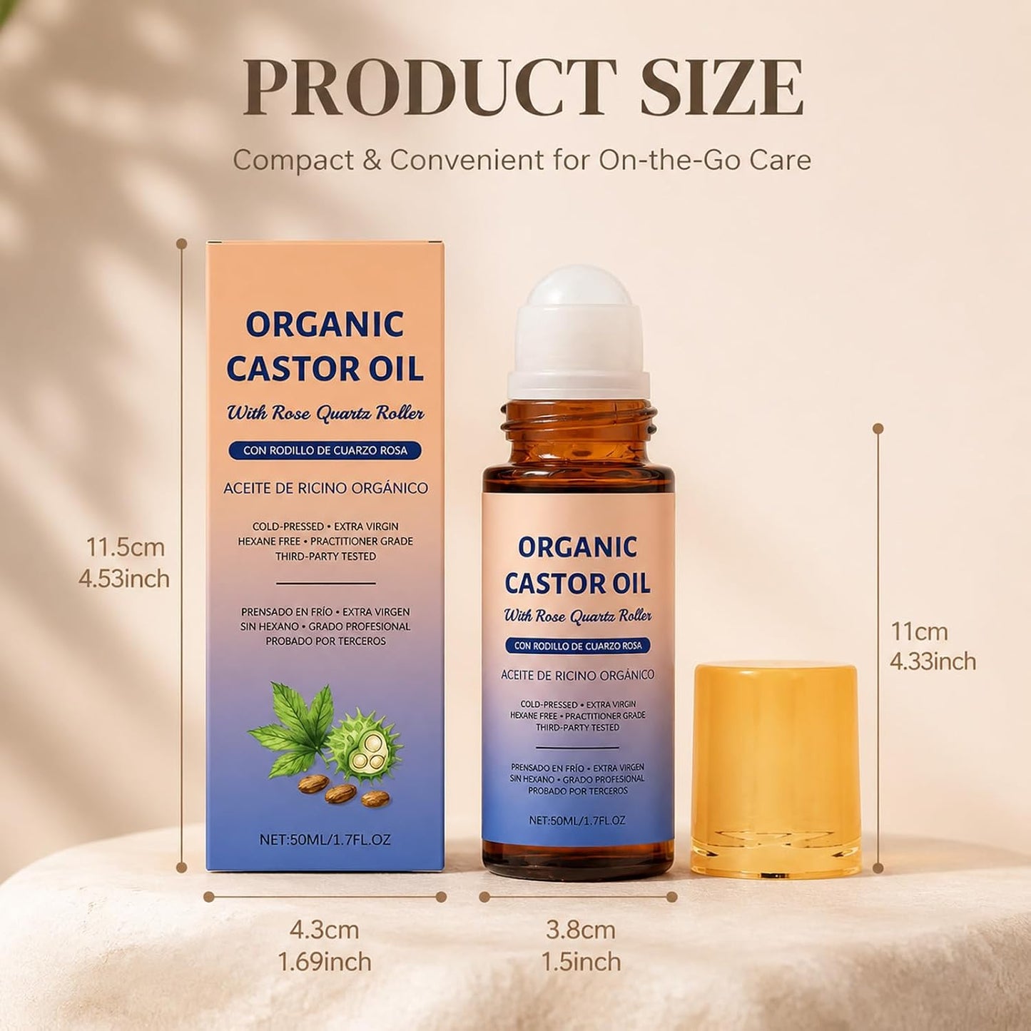 Organic Castor Oil with Rose Quartz Roller - Hydrating Roll-On for Brows, Lashes & Face | Leakproof Travel Bottle