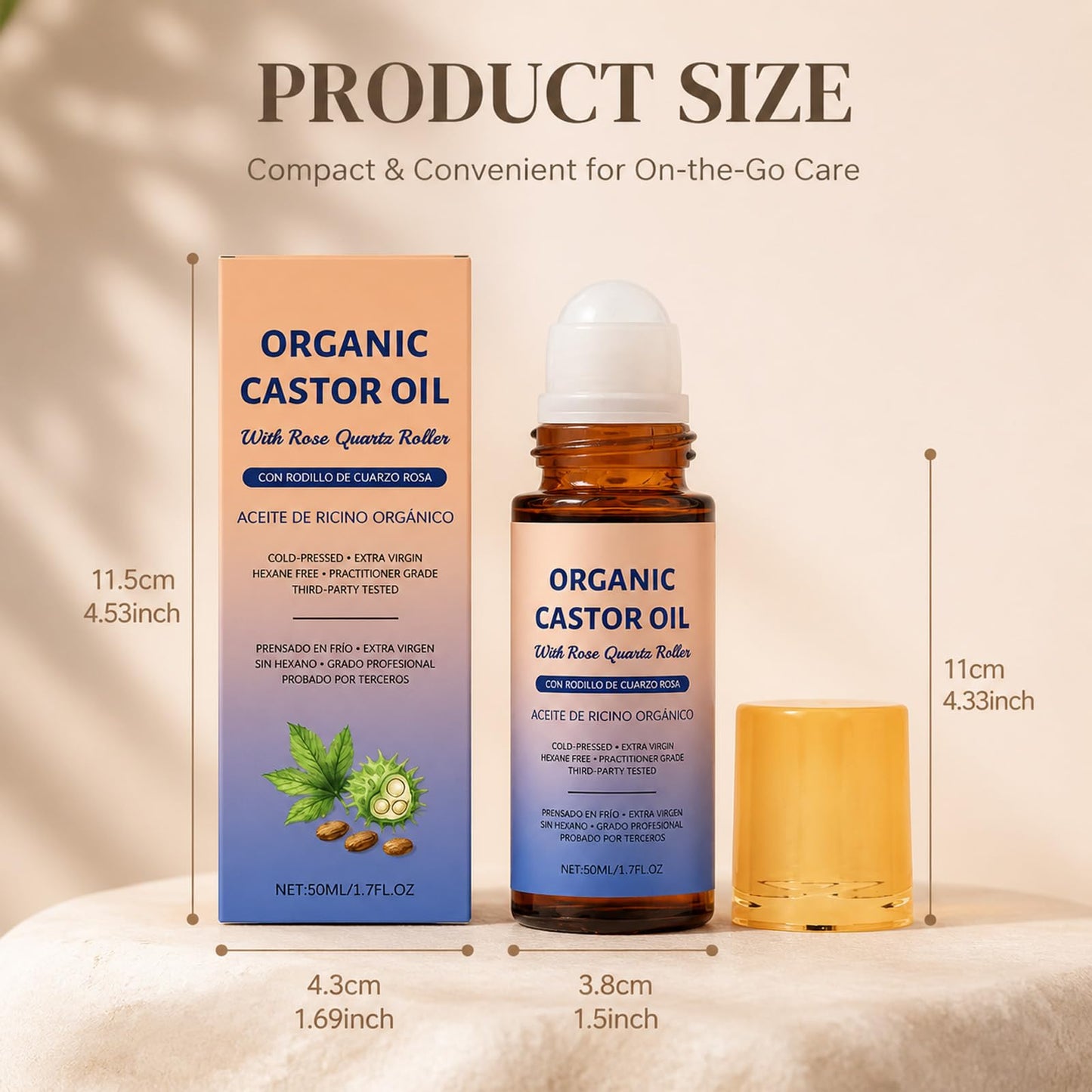 100% Organic Castor Oil with Rose Quartz Roller – Hydrating Roll-On for Brows, Lashes, Face & Dry Skin – Leakproof Travel Bottle