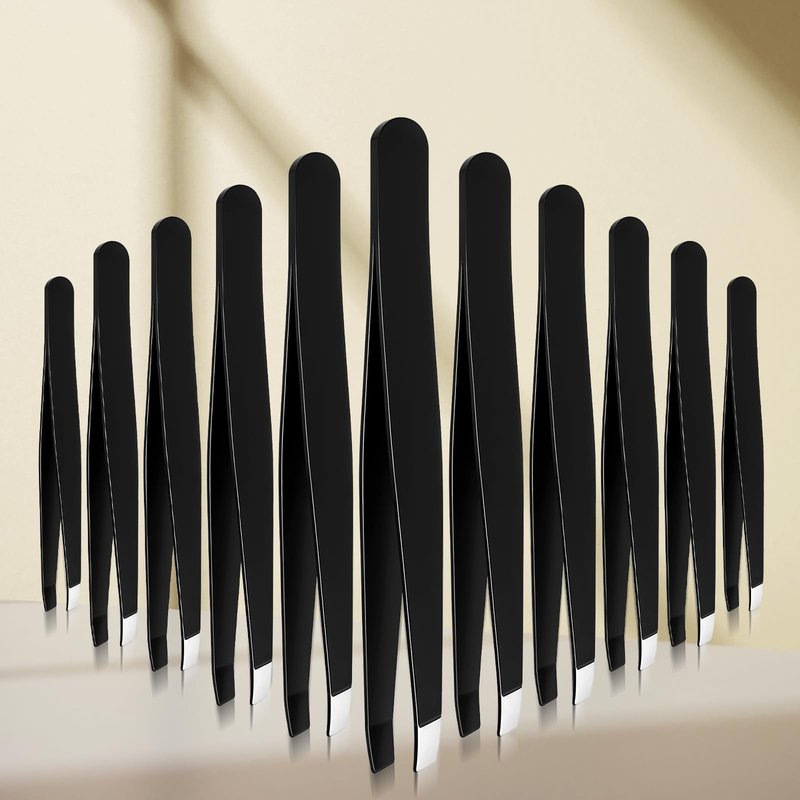 Tweezers for Eyebrows, 12 Pcs Eyebrow Tweezers Set Stainless Steel Slant Tip Tweezer Bulk Brow Tweezer for Women Men Facial Hair, Black