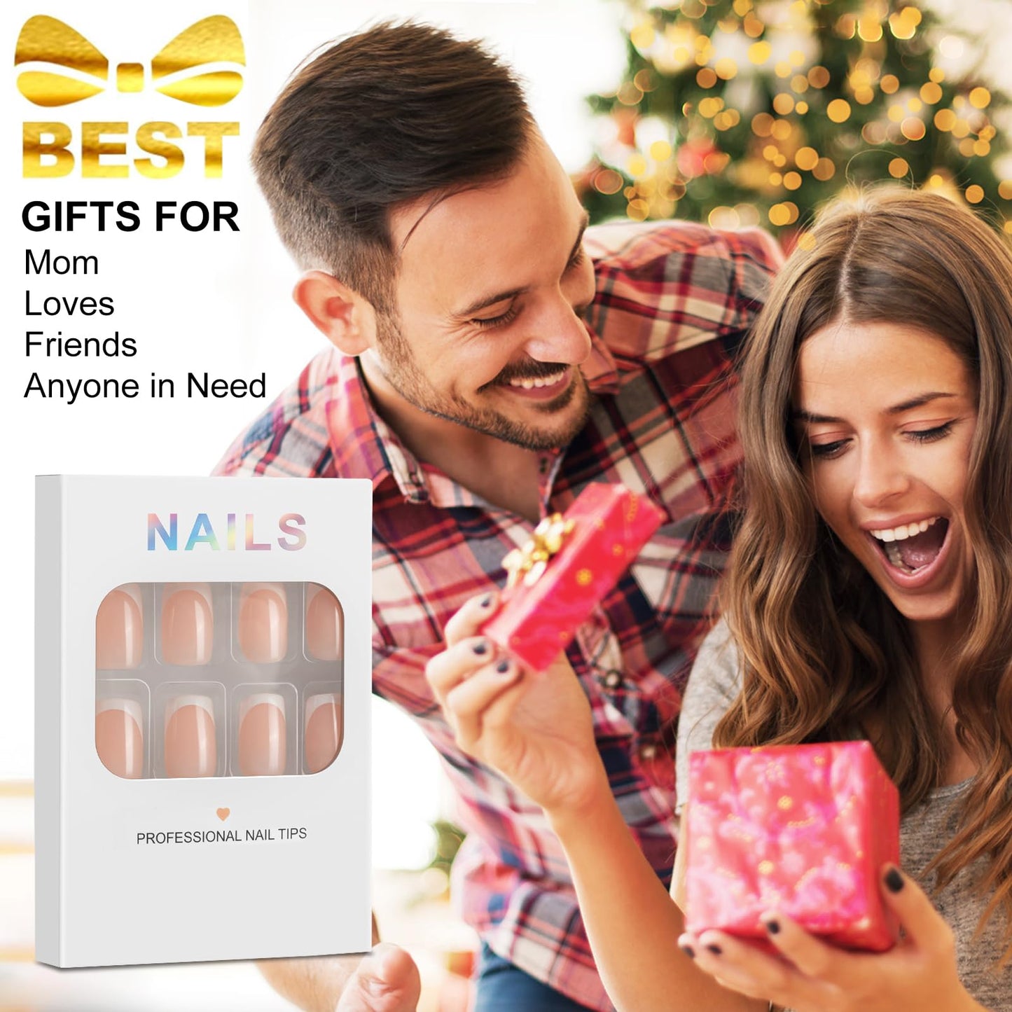 Press On Nails Short, French Round Nails Manicure Gifts for Women, Glossy, Semi-Transparent, Reusable | 16 Sizes - 32 Nails with Nail Adhesive Tabs