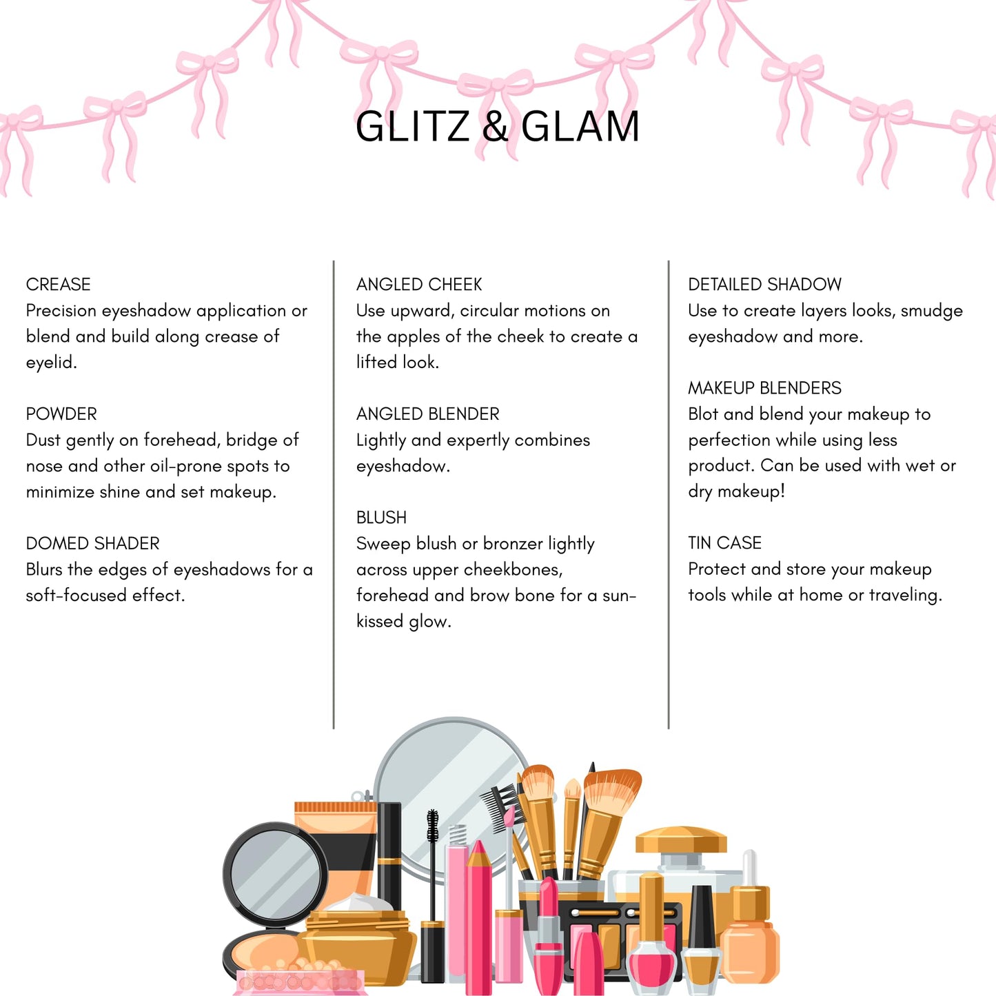 Glitz & Glam 11-Piece Full Face Makeup Brush & Sponge Set with Reusable Storage Tin (Coquette Pink Bow)