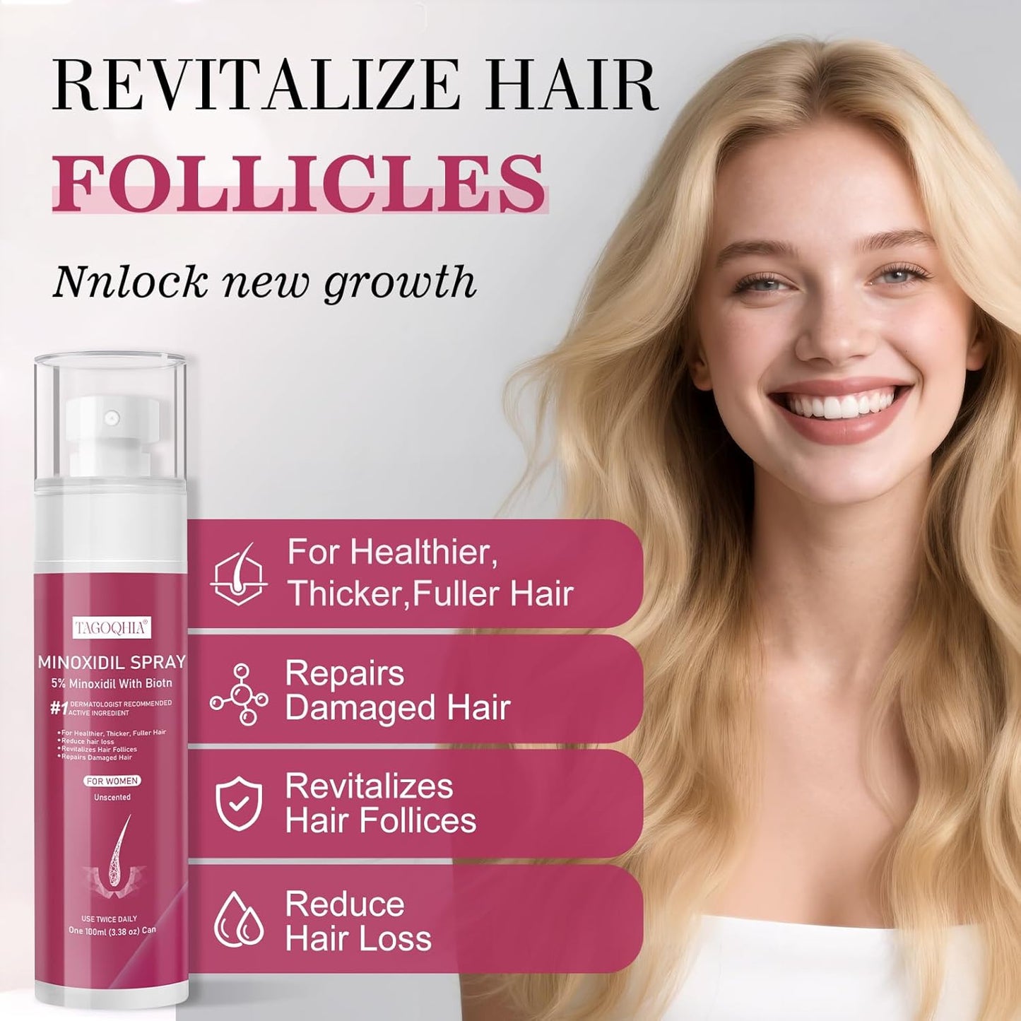 Minoxidil Hair Regrowth Spray for Women - Extra Strength Treatment with Biotin | 3 Bottles
