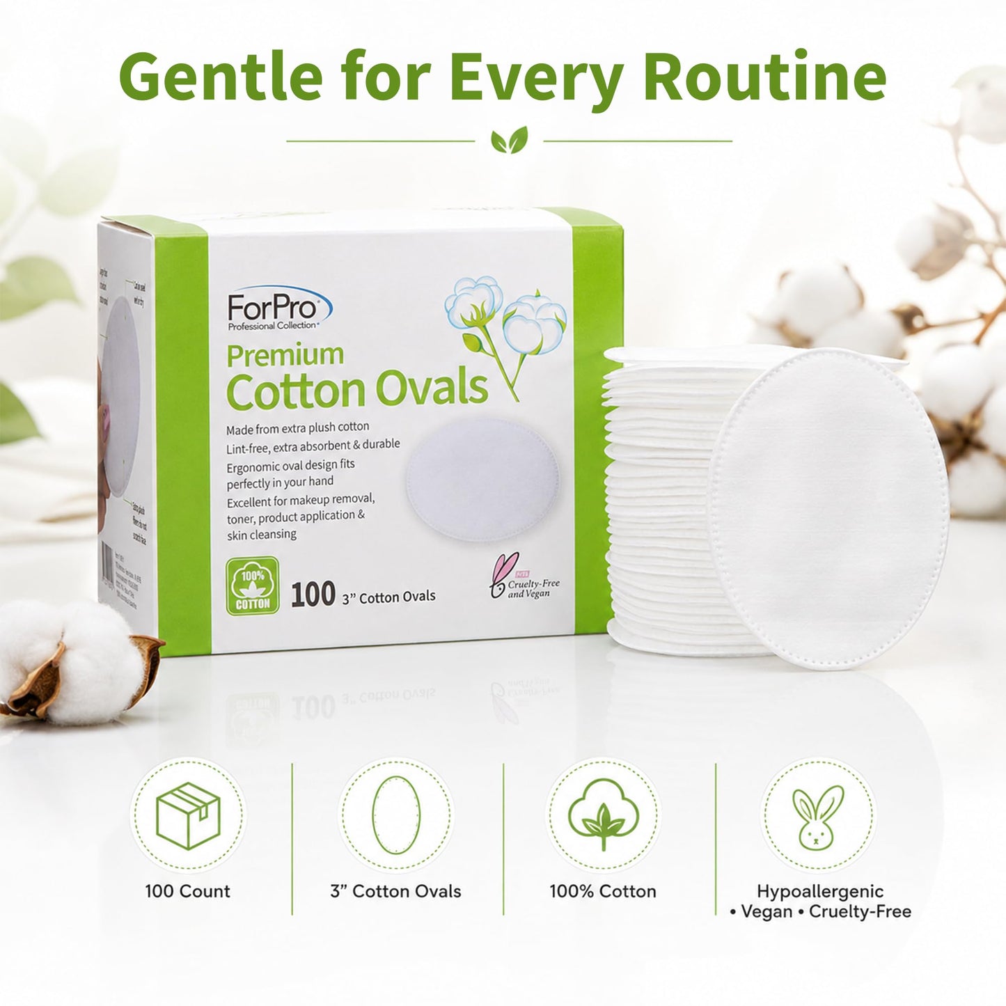 ForPro Premium 100% Cotton Ovals (100-Count), Ultra-Plush Extra-Absorbent Lint-Free 3" Cotton Pads for Makeup Removal, Cleansing and Skincare Application, Hypoallergenic, Vegan & Cruelty-Free