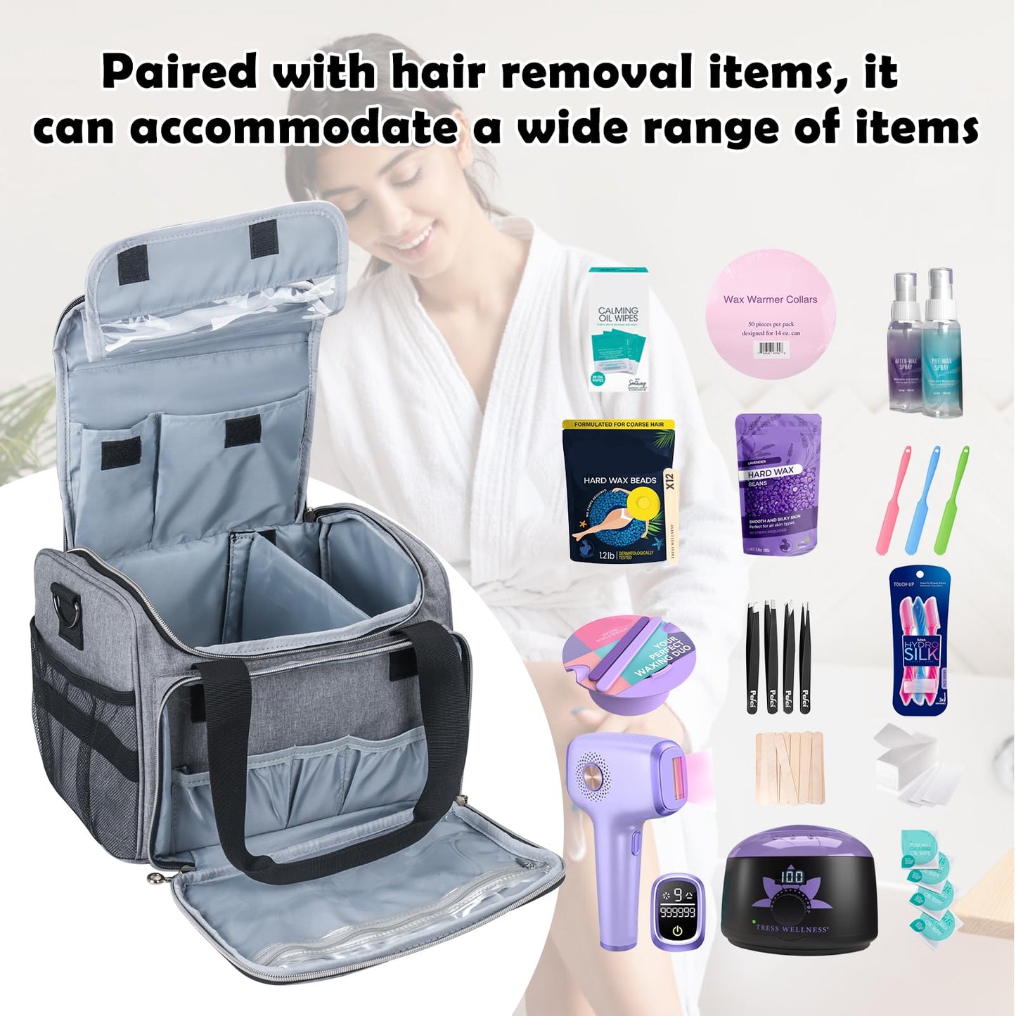 POCDUORG Waxing Kit Carry Bag Compatible with Tress Wellness - Portable Organizer for Wax Warmer, Wax Beans, Pre & After Wax Sprays, and Accessories - Only Bag (Light Gray)