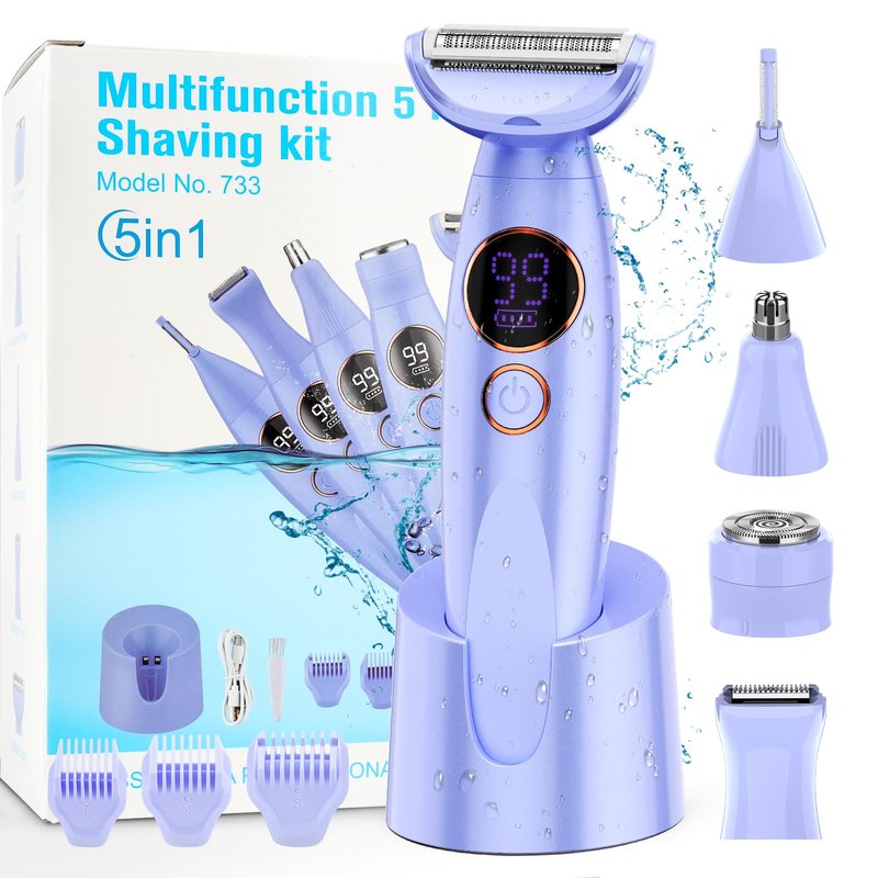 5 in 1 Bikini Trimmer for Women,IPX7 Waterproof Cordless Replaceable Pubic,Eyebrow,Facial Electric Razors&Nose Hair Trimmer&Painless Body Shaver for Arms Legs Underarms,USB Charge,LED Display,Wet&Dry
