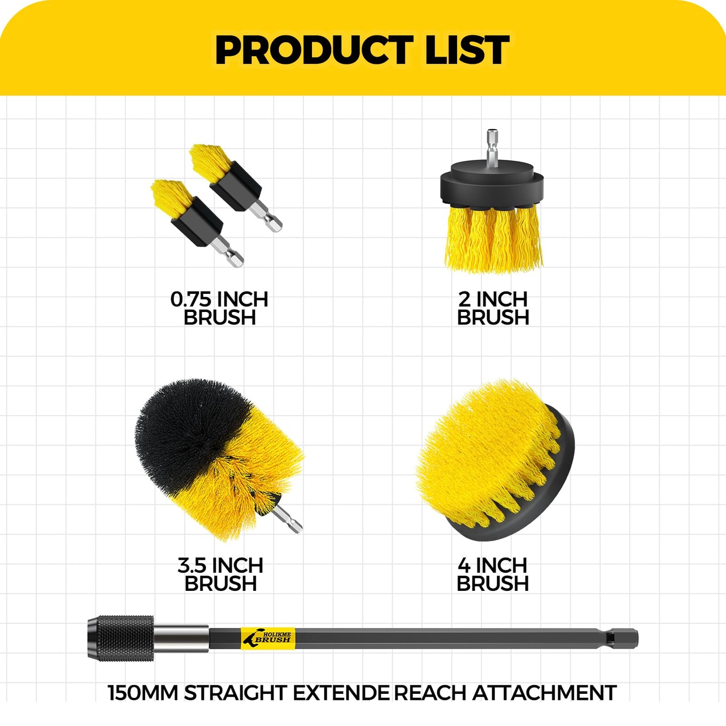 Holikme 6Pack Drill Brush Power Scrubber Cleaning Brush Extended Long Attachment Set All Purpose Drill Scrub Brushes Kit for Grout, Floor, Tub, Bathroom and Kitchen Surface,Scratch Brushes(Yellow)