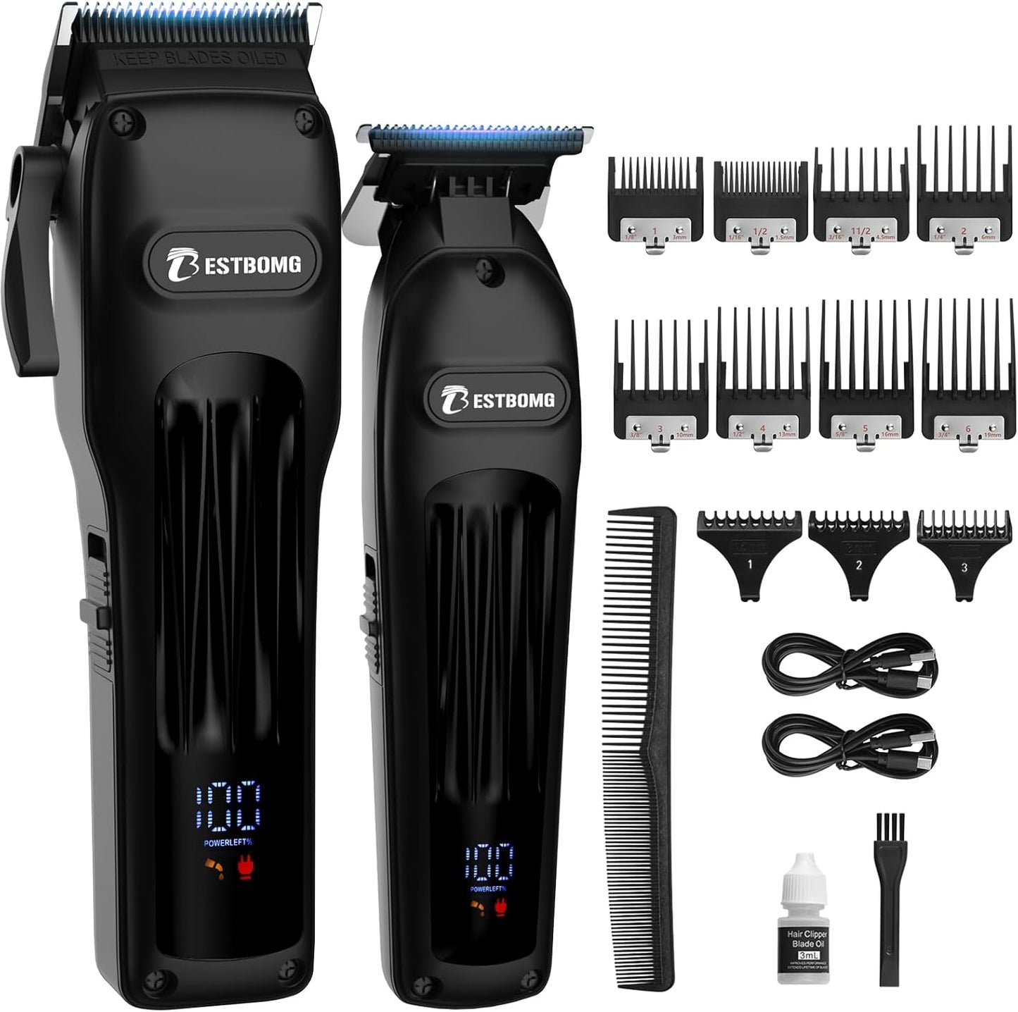 BESTBOMG® Hair Clippers - Cordless Ceramic T-Blade Haircut Set with 10 Guide Combs for Men