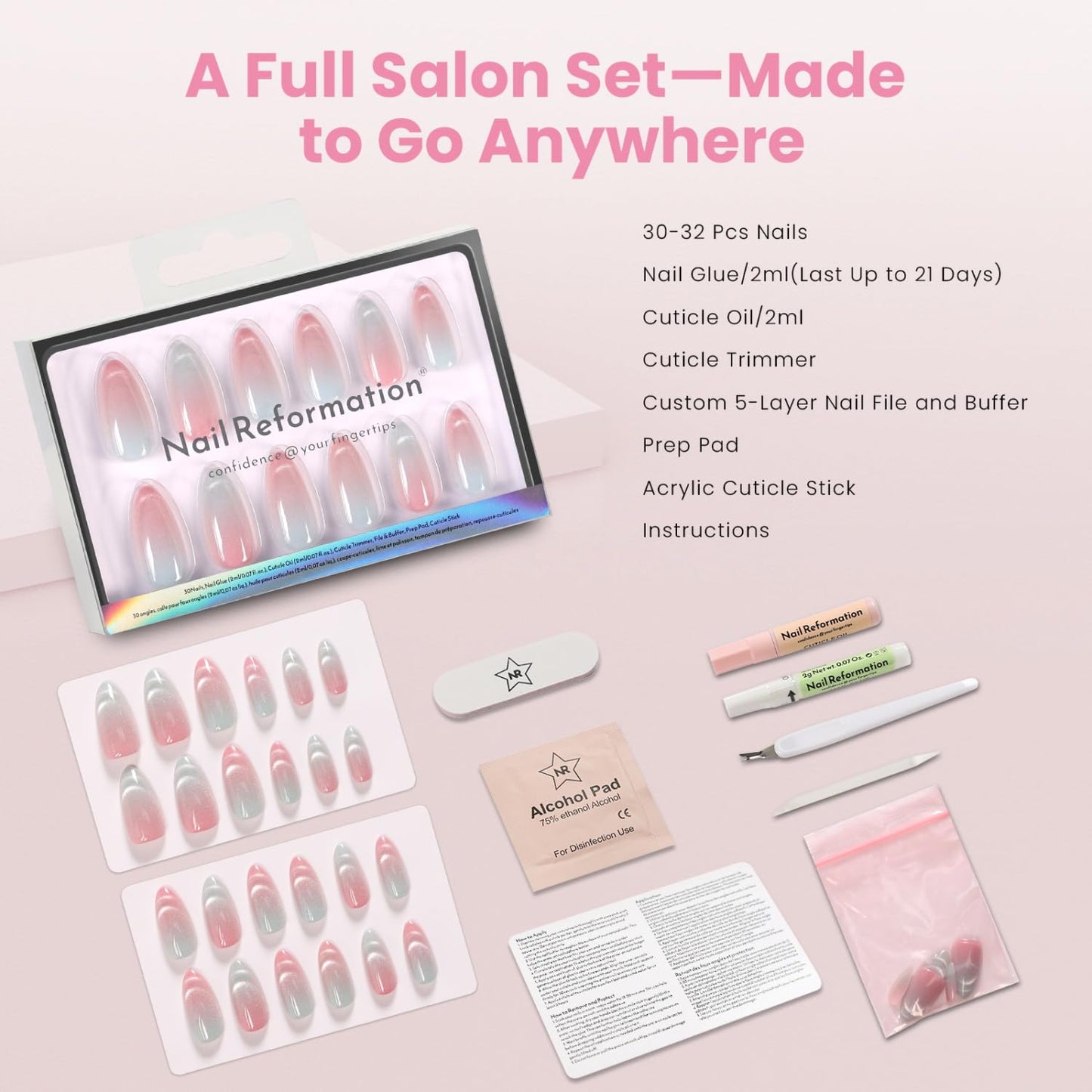 Nail Reformation Press On Nails, Iridescent Ice | Pink Medium Almond Fake Nails with Light Blue Cat Eye Finish, Glossy Reusable Stick On Nails Kit - 30 Pcs in 15 Sizes, Manicure Gifts for Women
