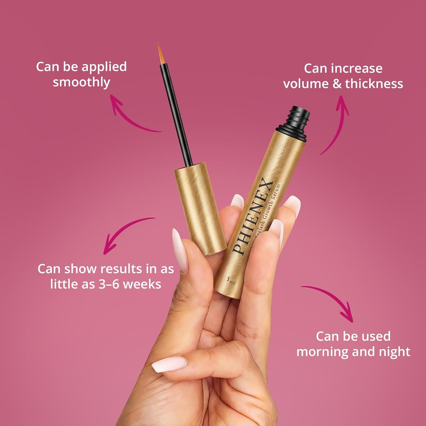 PHIENEX Lash Serum for Eyelash Growth | 7-Day Results, Vegan & Hormone-Free, Botanical Peptide, 3ml