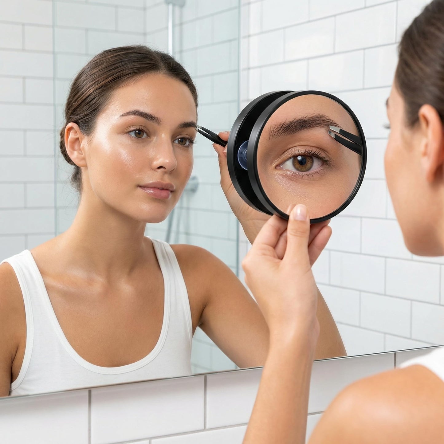 50X Magnifying Makeup Mirror, Small Round Cosmetic Tool with Suction Cups and Tweezers, Portable Handheld Mini Compact Mirror for Precision Pore Extraction Eyebrow Plucking and Travel Black