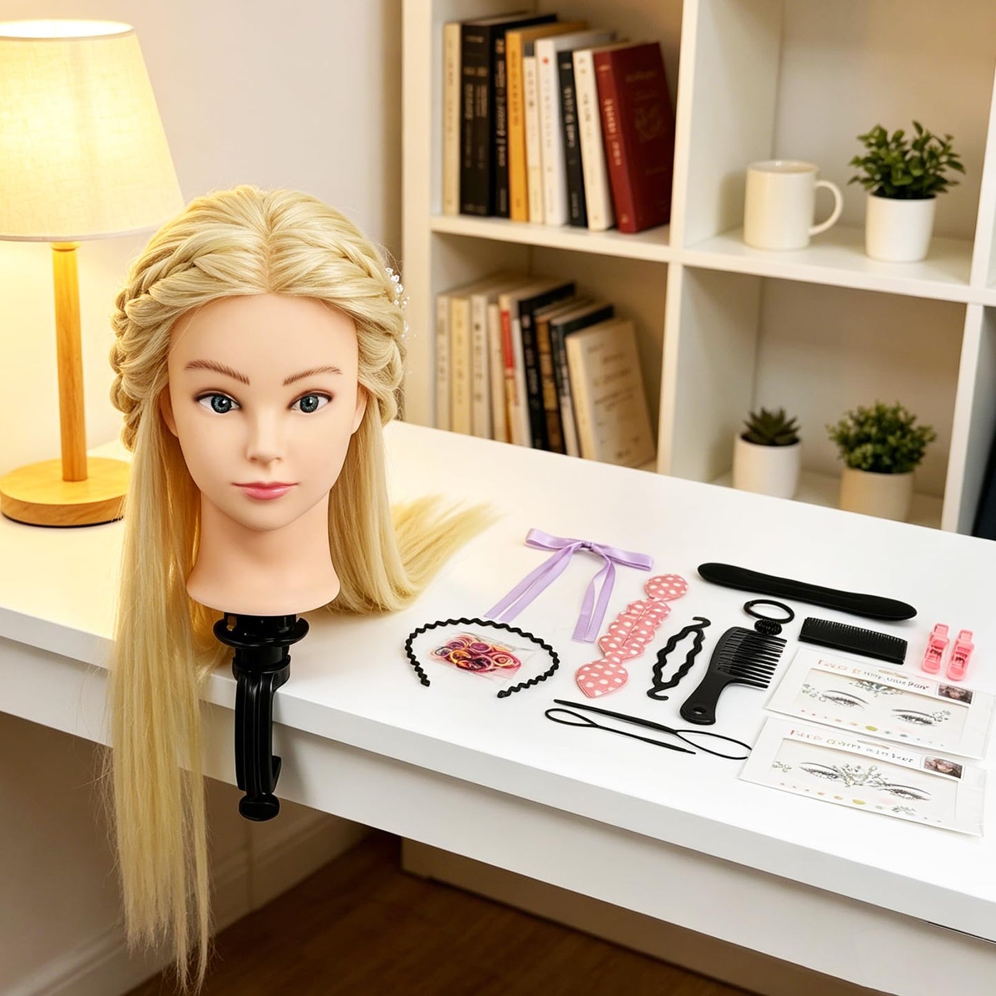 Mannequin Head with 90% Human Hair, 24" Hair Doll Head for Cosmetology & Hairdresser, Real Hair Manikin Doll Styling Head, Hairdressing Training Braiding Head with Table Clamp (Off-White C)