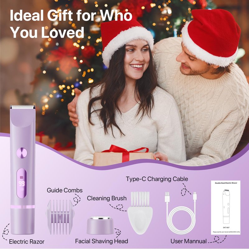 Bikini Trimmer for Women, Painless Electric Razor Remover for Leg, Body, Armpit & Facial Hair, Rechargeable Cordless IPX7 Waterproof Shaver with Ceramic Blade, Easy Cleaning, USB Charging, Purple