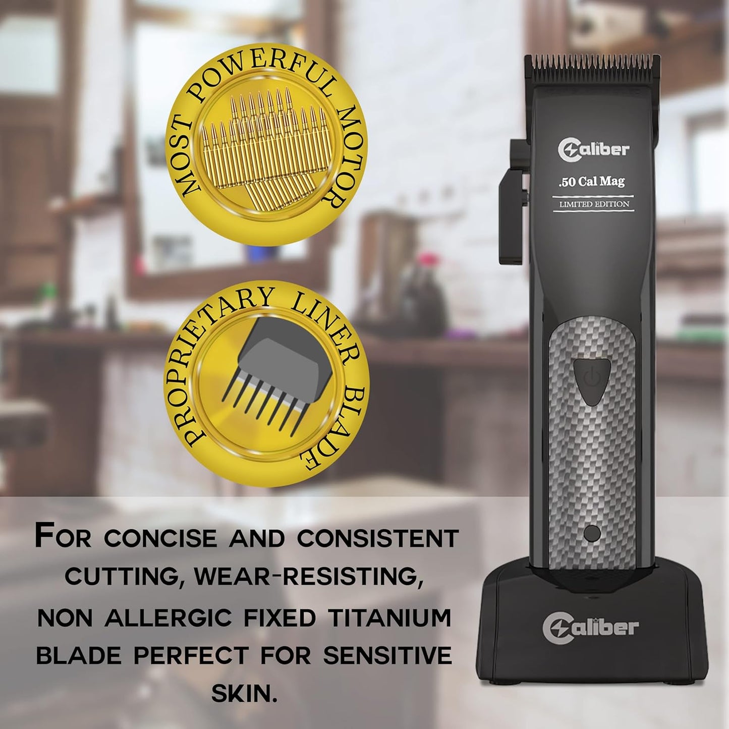 Caliber Pro .50 Cal Clipper - Rechargeable Hair Grooming Tool | Ultra Low Noise, 8+ Hours Power, Easy Zero Gap Cut - Black