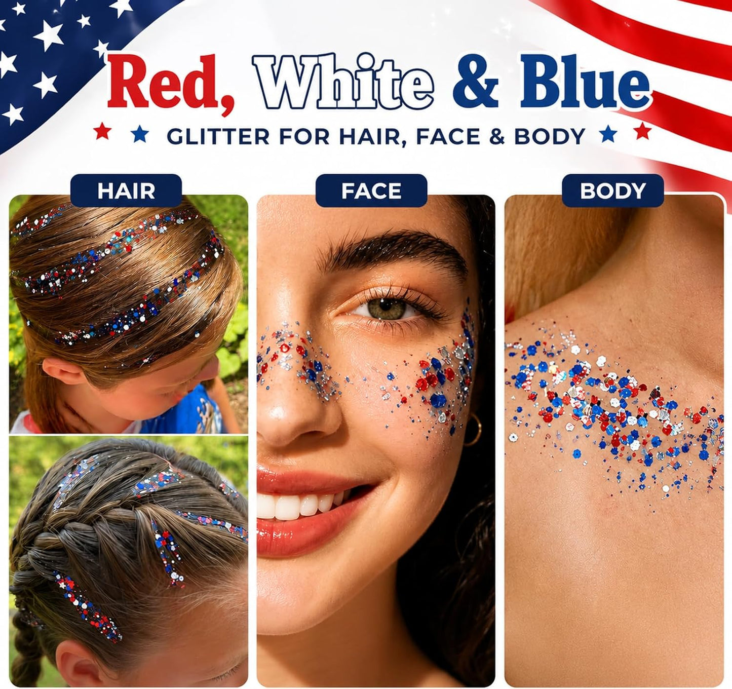 Patriotic Body Glitter Stick - Red, White & Blue Makeup for 4th of July | Perfect for Women & Kids