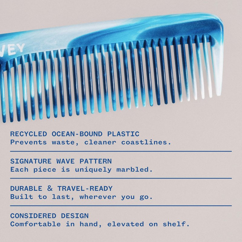 WAVEY Quality Hair Comb for Men and Women, Recycled Ocean Plastic, 7 Inches length perfect for home and travel, Wide and Fine Tooth for thick, thin, wavy, straight and curly hair styling - BLUE