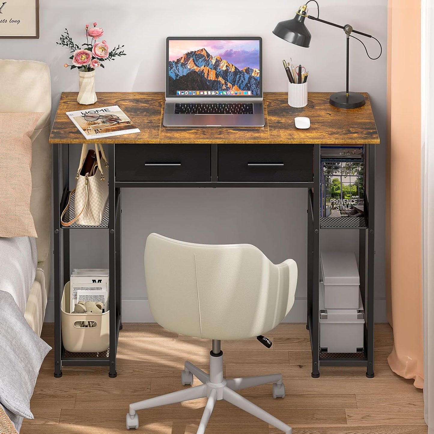 White Computer Desk with Drawers - 37.3 Inch Home Office Workstation | Compact Study Table for Small Spaces