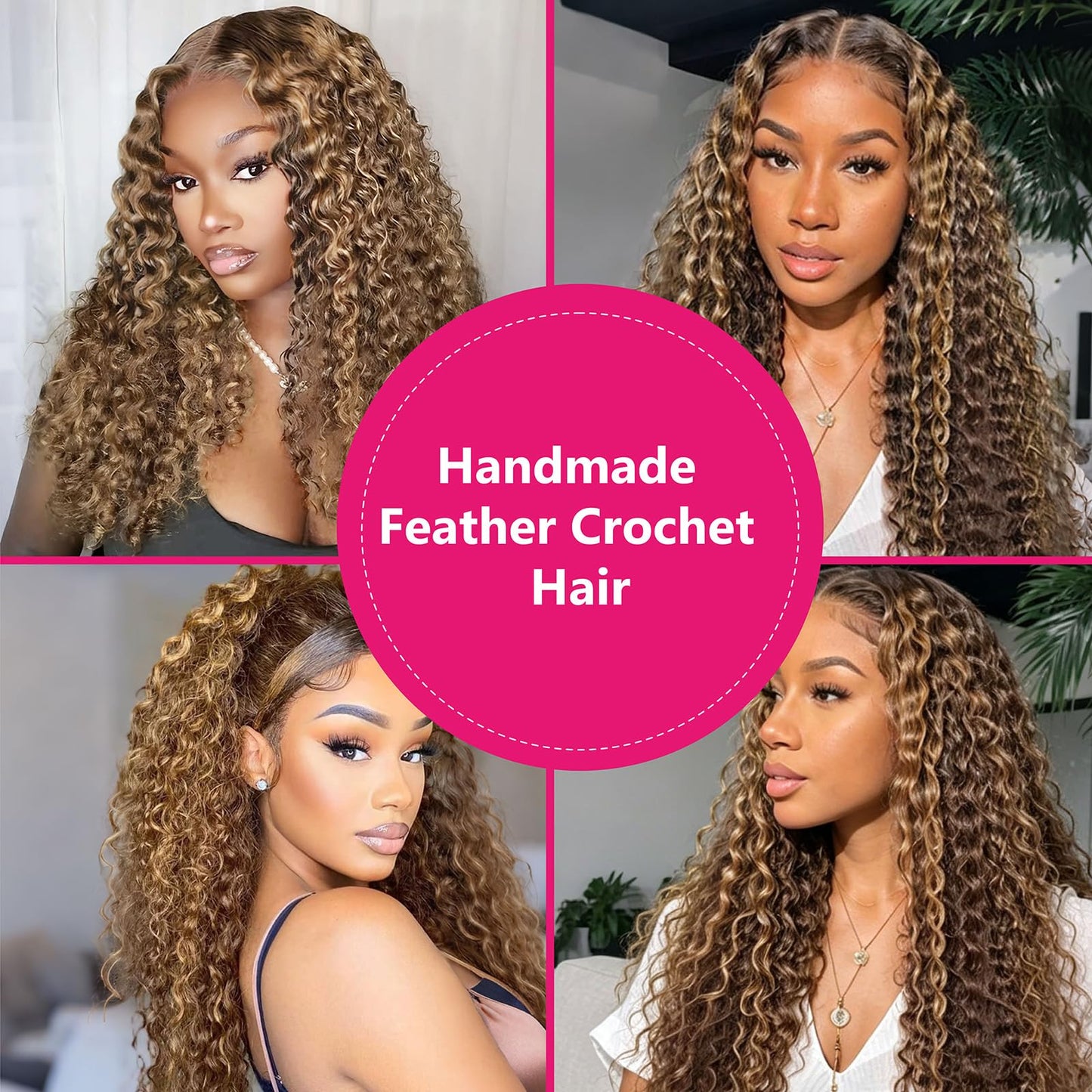 Highlight Pre-Separated Human Crochet Hair P4/27/30 Ombre Brown Blonde Deep Water Wave Curly Miracle Knots 16 Inch 60g Knotless Feather Invisible Crochet Extensions Bundles Braiding Hair for Women